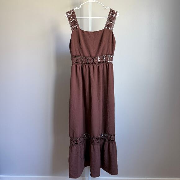 Shein sz L Brown Embroidered milkmaid Festival Sleeveless maxi‎ dress - Picture 1 of 8